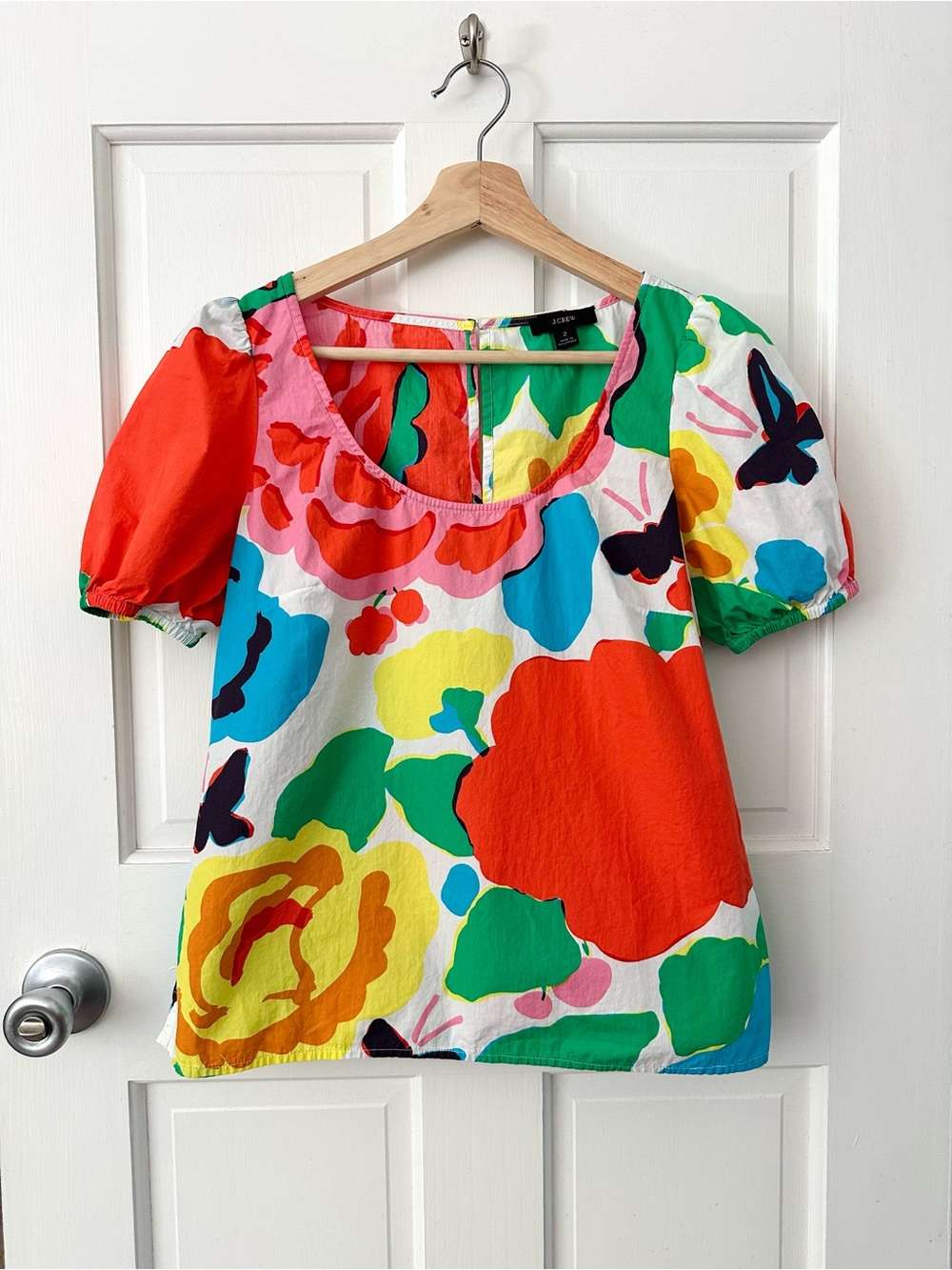 J. CREW Scoop Neck Cotton Poplin Top Colorful Bright Floral Puff Sleeves Size 2